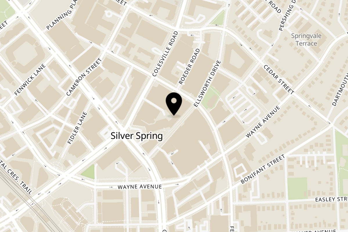 Map showing the location of McGinty's Public House on 911 Ellsworth Dr in Silver Spring